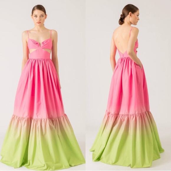 SAU LEE Nova Cutout Pink Chartreuse Green Ombre Maxi Gown Size 2 - Picture 4 of 12